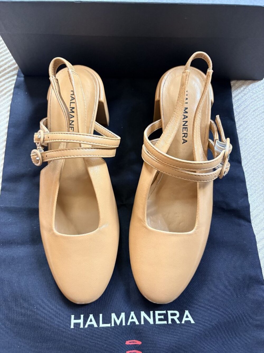Halmanera Bali Caramel Slingback Mules Sandals NIB New 6 36
